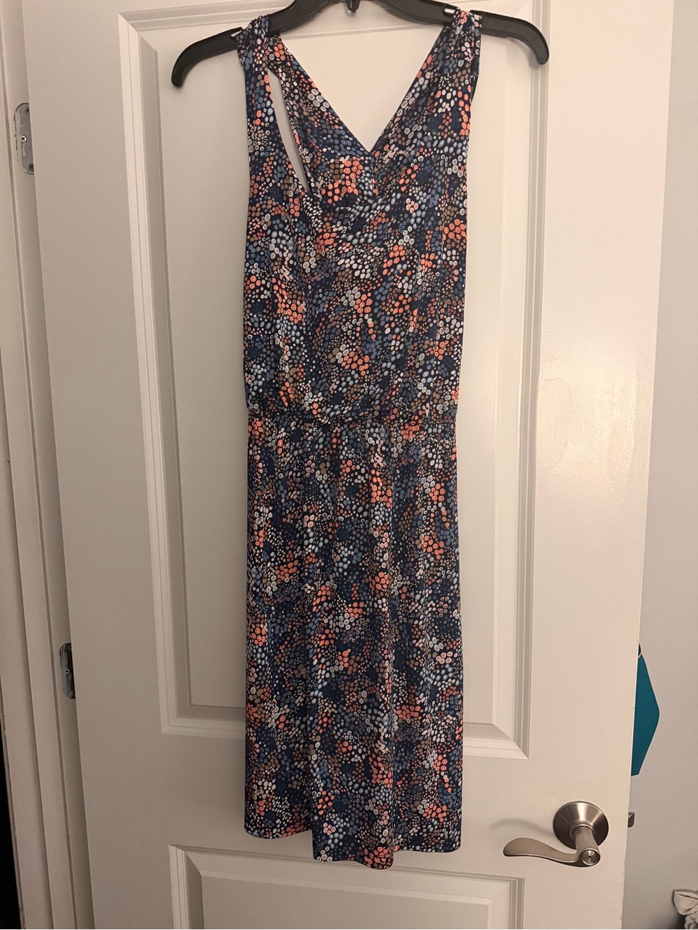 Kaileigh Navy Floral Sleeveless Midi Dress with Coral & Light Blue Dots
